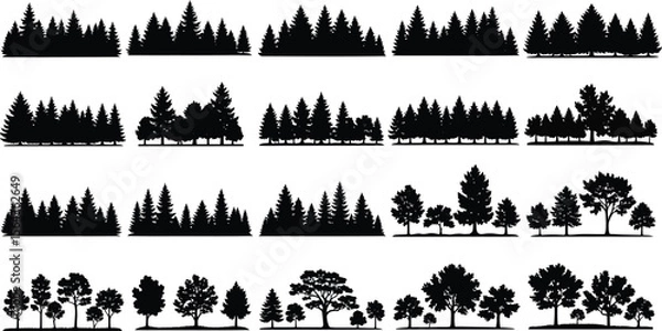 Fototapeta Collection of diverse black silhouette forest tree lines and natural landscape elements