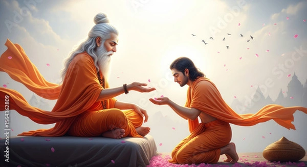 Fototapeta Guru Purnima Ritual in Divine Light – Master Blessing Devotee with Knowledge in Sacred Atmosphere