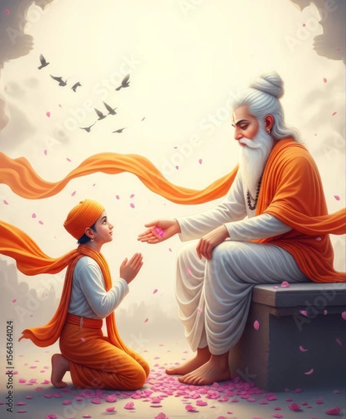 Fototapeta Guru Purnima Spiritual Moment of Knowledge Transfer from Guru to Loyal Disciple