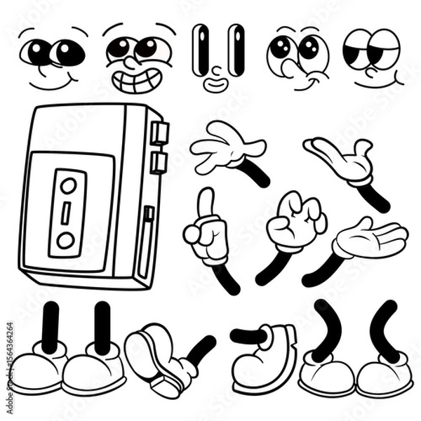 Obraz set of doodle icons for your design. carton groovy walkman retro  icons. hand drawn vector illustration body part, face, hand, feet