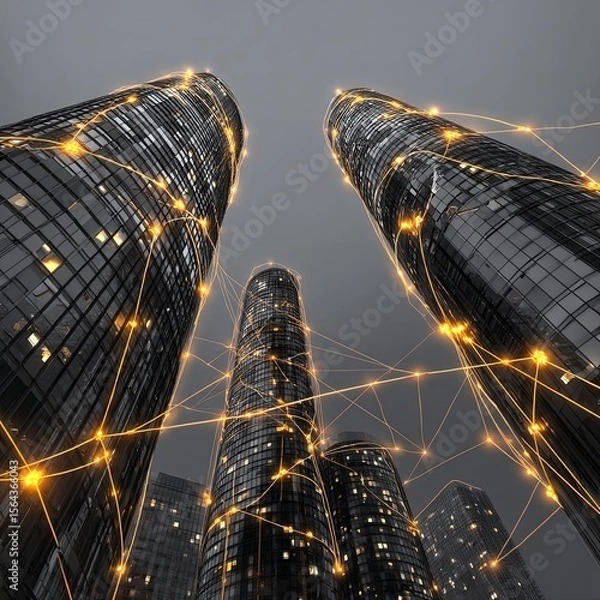 Obraz Futuristic Skyscrapers Connected by Network Lines in City Skyline