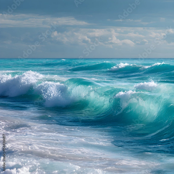 Fototapeta Infinite Turquoise: Capturing the Mesmerizing Dance of Ocean Waves Under Azure Skies with Shimmering Sunlit Crests