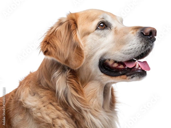 Fototapeta A golden retriever dog with its mouth open and tongue sticking out looking to the upper right side
