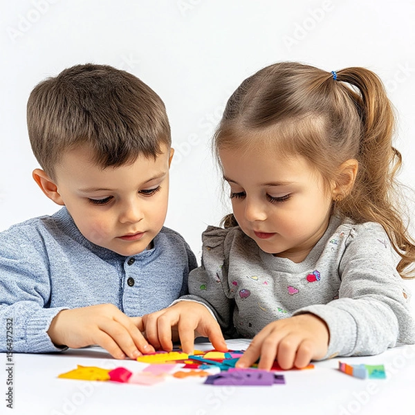 Fototapeta Kids playing with colorful puzzle made with generative AI