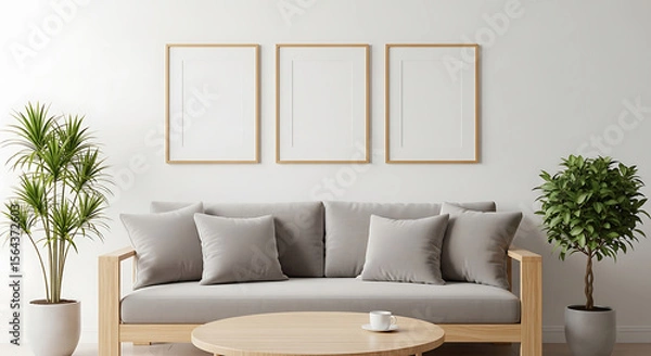 Obraz Minimalist living room with blank framed art above a modern sofa and plants