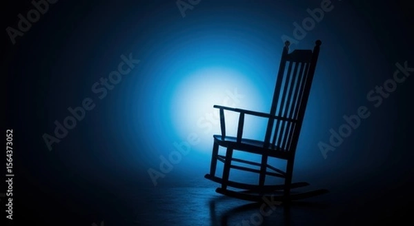 Fototapeta A solitary rocking chair silhouetted against a soft blue light, creating a serene and tranquil atmosphere