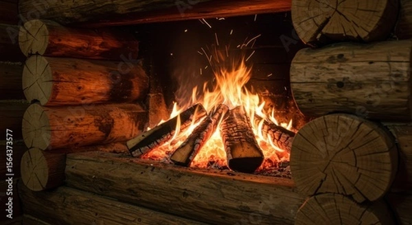Fototapeta Cozy fireplace with crackling firewood in a rustic log cabin, creating a warm ambiance in winter