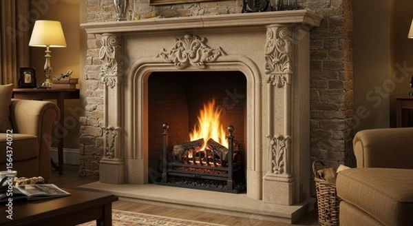 Fototapeta Cozy living room with a warm fireplace, elegant decor, and soft lighting creating a serene atmosphere