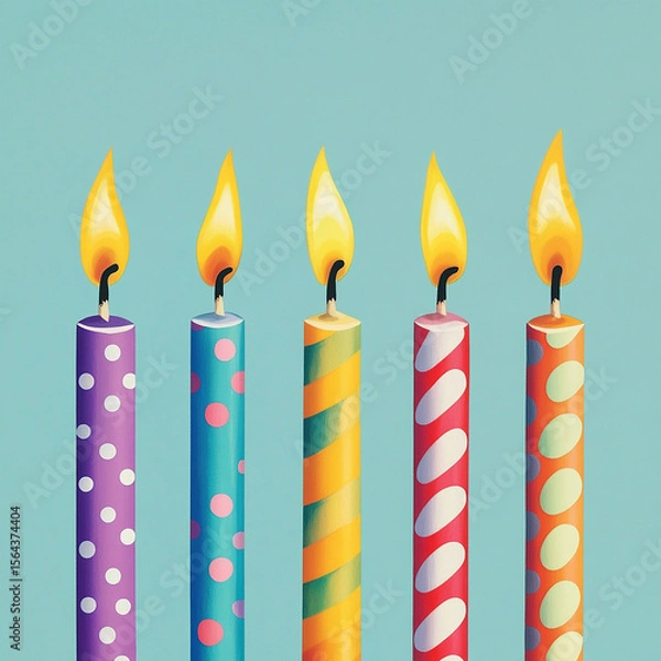 Fototapeta Five Colorful Birthday Candles with Lit Flames Made with generative AI