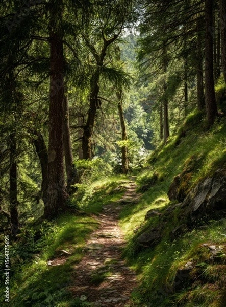 Obraz Serene Forest Path Surrounded by Tall Evergreen Trees in Sunlit Wilderness