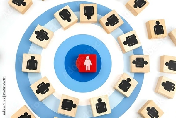 Fototapeta Target Audience Concept: Woman in Focus Surrounded by Silhouettes on Wooden Blocks, Bullseye Target, Business Strategy, Focus Group
