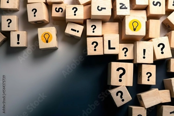 Fototapeta Wooden Blocks with Question Marks, Exclamation Points, and Light Bulbs: Concept of Questions, Ideas, and Solutions