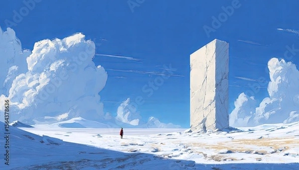 Obraz Snowy Landscape with Tall Ice Structure and Single Person Under Blue Sky