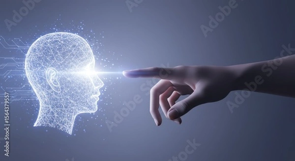 Fototapeta Hand touches glowing digital head concept of artificial intelligence or future technology.