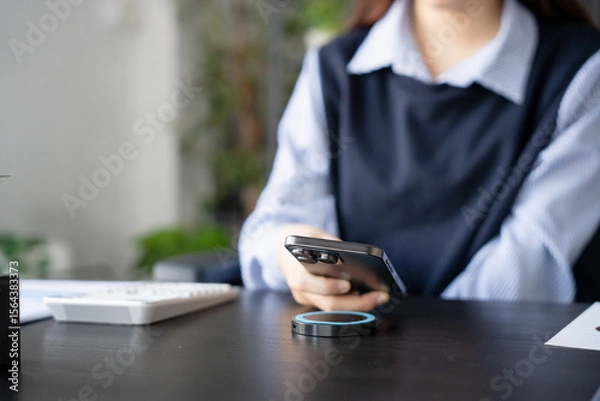 Fototapeta Woman charging smartphone by using magnetic wireless charger