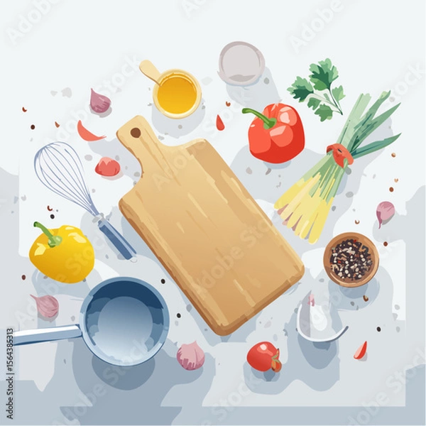 Fototapeta This vector features an overhead view of common kitchen utensils on a clean countertop. Bright, simple, and well-lit, it’s ideal for food content and kitchen-themed designs.
