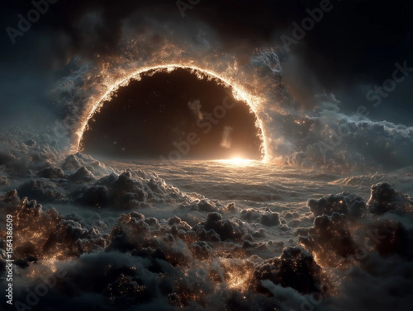 Obraz An abstract vision of the sun vanishing leaving earth crumbling into fragments floating in colorful cosmic clouds
