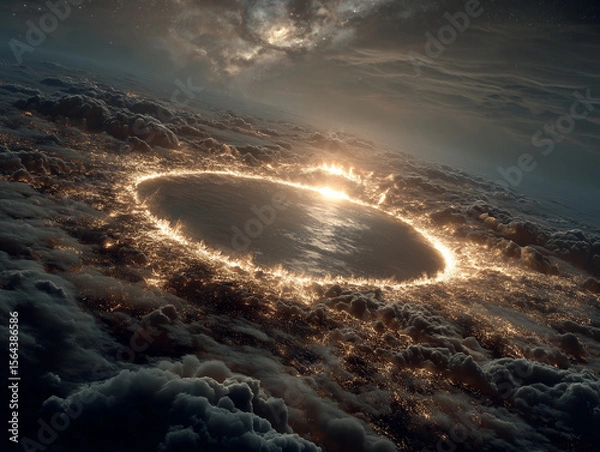 Obraz An abstract vision of the sun vanishing leaving earth crumbling into fragments floating in colorful cosmic clouds
