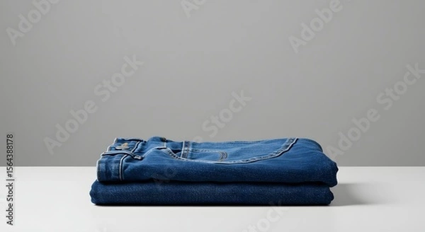Obraz Stylishly Folded Blue Jeans on a White Surface