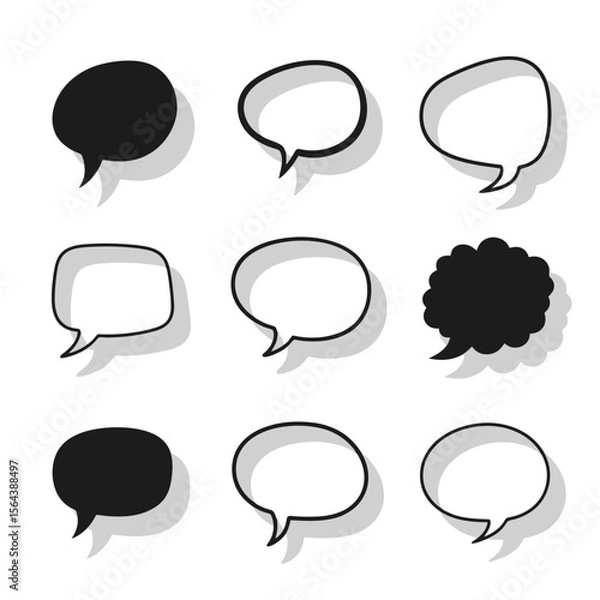 Obraz Collection of hand-drawn speech and thought bubbles in various shapes, black and white, with shadows. Ideal for communication design.
