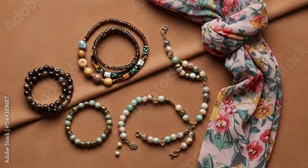 Obraz Overhead shot of an elegant collection of bracelets, necklaces, and a floral scarf, thoughtfully arranged on a luxurious tan fabric.