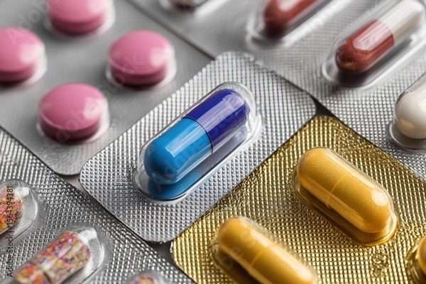 Fototapeta A close-up of various pills and capsules in their packaging, showcasing the diversity and variety of medical tablets and capsules on display, high-resolution photography, stock photo, professional 