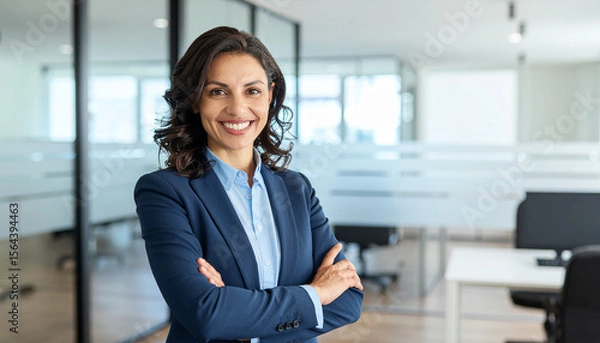 Fototapeta Professional woman smiling with a confident expression with her arms folded against a modern office background.