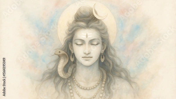 Fototapeta Ethereal depiction of lord shiva meditating with a serene expression and the crescent moon and cobra snake sawan mahadev watercolor painting