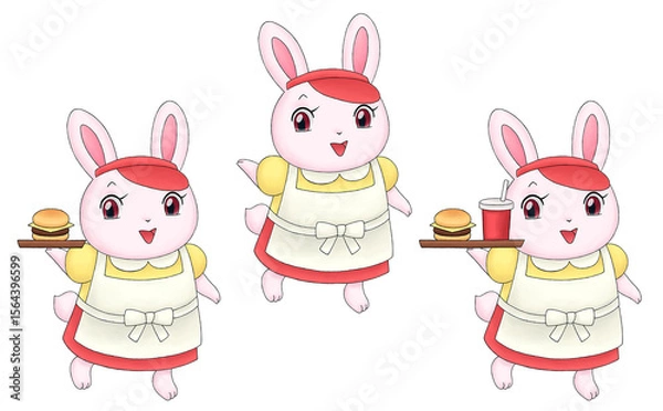Fototapeta ウサギのハンバーガーショップ店員のイラストセット