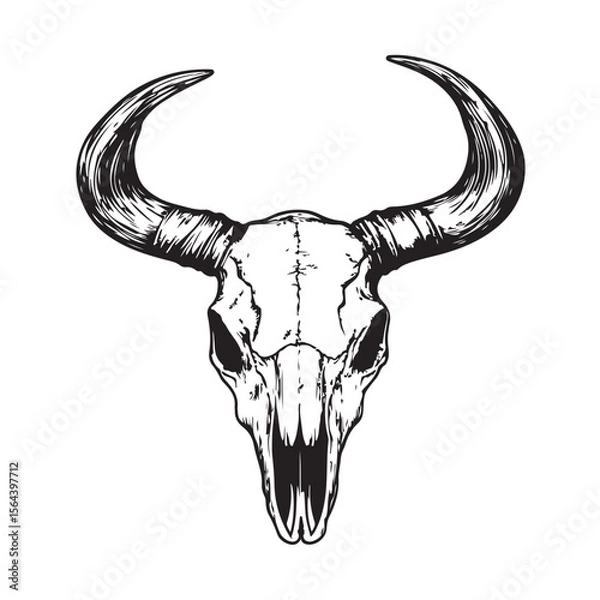 Fototapeta Black and white illustration of a bull skull with large horns. Vector illustration 