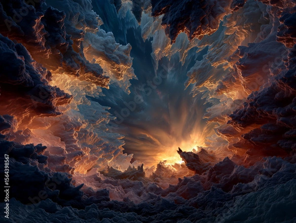 Obraz An abstract vision of the sun vanishing leaving earth crumbling into fragments floating in colorful cosmic clouds
