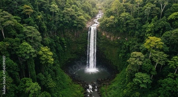 Fototapeta Aerial view of a stunning waterfall surrounded by lush green rainforest, capturing nature's beauty