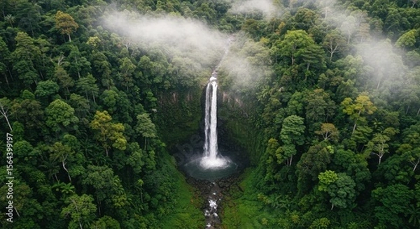 Fototapeta Aerial view of a majestic waterfall cascading into a lush green jungle surrounded by misty clouds
