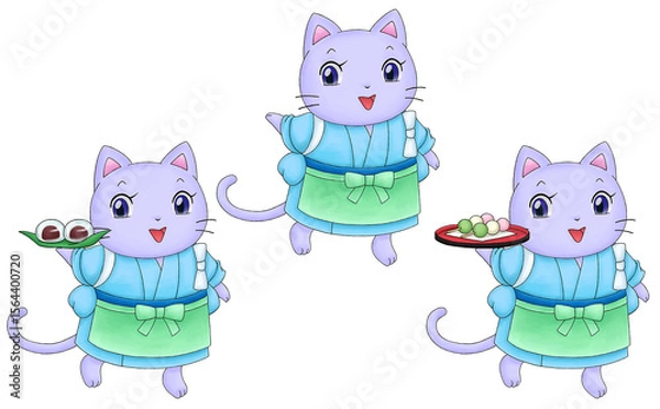 Obraz ネコの和菓子屋店員のイラストセット