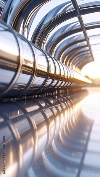Fototapeta Modern Metallic Tunnel Architectural Design With Reflection and Sunlight
