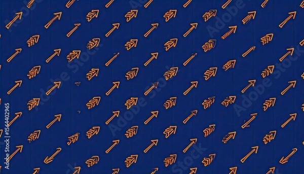 Fototapeta Orange Pixel Arrows Patterned On A Blue Background Forming A Diagonal Repeating Design