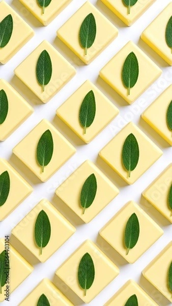 Fototapeta Overhead View of Arranged Yellow Squares with Green Leaves on a White Background
