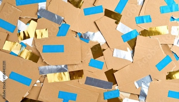 Fototapeta Overhead View of Torn Brown Cardboard Pieces Adorned With Metallic Silver Gold And Blue Tape