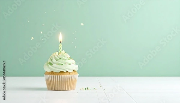 Fototapeta Single Lit Birthday Cupcake with Green Frosting and Sprinkles on White Wooden Table with Green Background