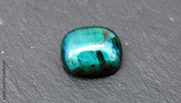 Fototapeta Vibrant Teal Gemstone on Dark Gray Surface Reflecting Light with Subtle Iridescence