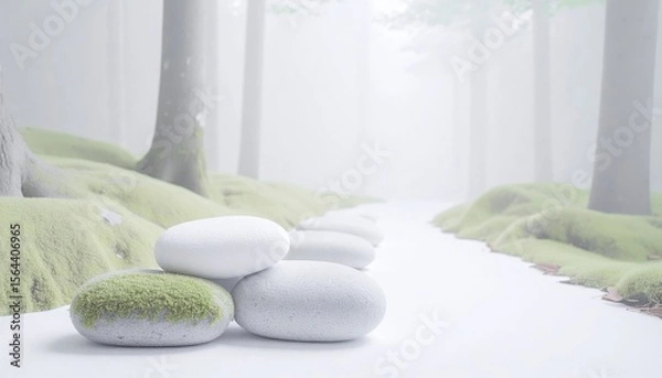 Fototapeta White Stones And Green Moss On A Forest Path In A Misty Forest Scene