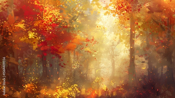 Fototapeta A vibrant autumn forest scene with colorful foliage and sunlight filtering through the trees creating a warm glow