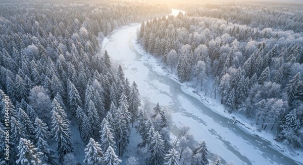 Fototapeta Aerial view of a snow-covered forest with a winding river at sunrise, showcasing winter tranquility