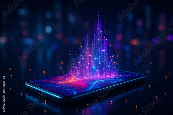 Fototapeta AI generated digital cityscape rising from a smartphone screen symbolizing futuristic data interaction and immersive holographic technology in a sci-fi concept
