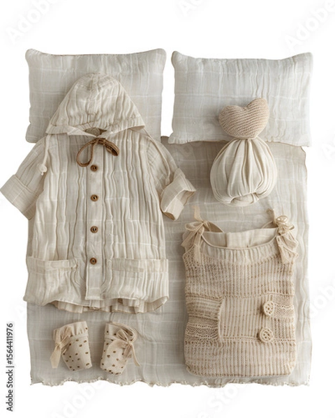 Fototapeta Baby Outfit on a Bed Neutral Colors Soft Textures