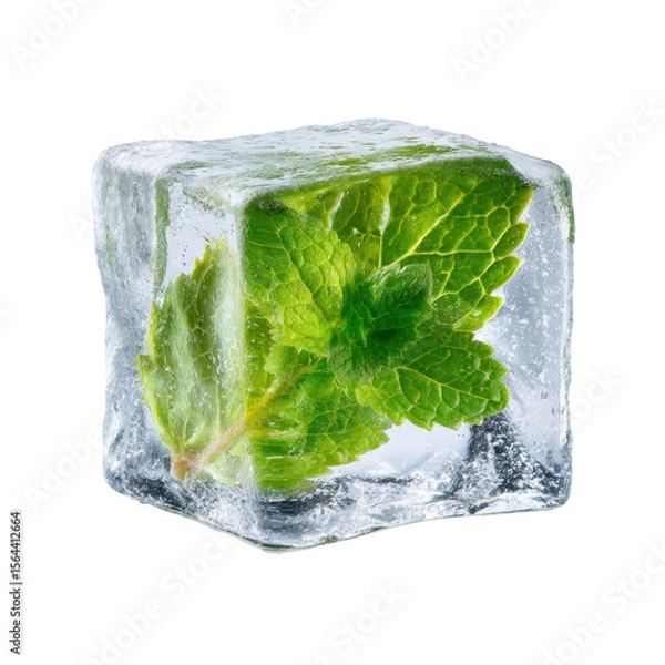 Obraz Photorealistic Square Ice Cube with Green Mint Leaf on Transparent Backdrop