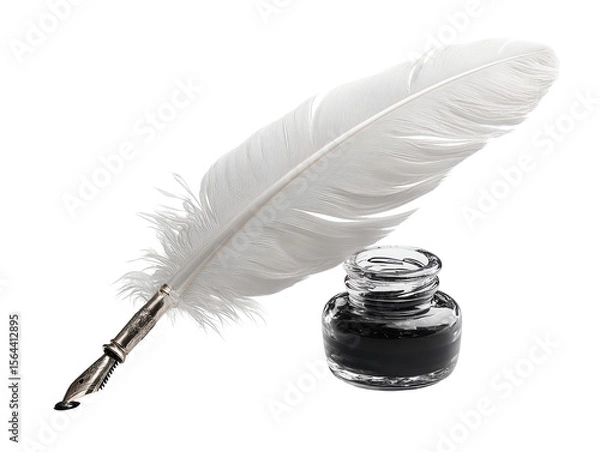 Obraz Photorealistic White Writer's Quill and Black Ink Jar on Transparent Background