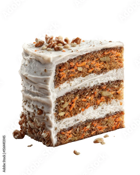 Obraz Rustic Carrot Cake Slice with Creamy Frosting and Nuts on Transparent Background