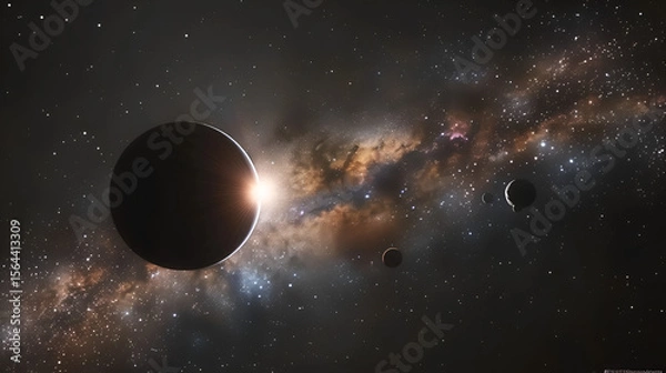 Fototapeta A view of planets in space with a bright star illuminating the scene and a distant galaxy behind