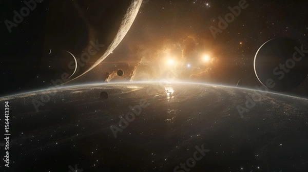 Fototapeta A cosmic view of planets and stars with a bright nebula illuminating the celestial landscape afar